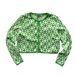 Zara Green and Off White Cropped Waist Cardigan NWT Sz Small
